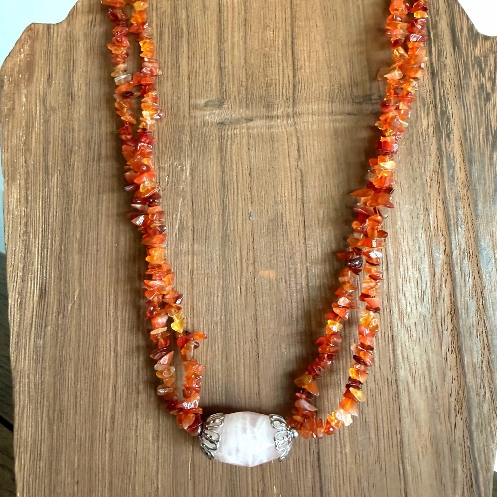 Vintage Carnelian With Silver Accents & Beads Necklace Chunky Statement